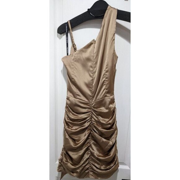 New Lavish Alice | Satin Cowl Neck Gathered Minidress in Bronze - Picture 5 of 14